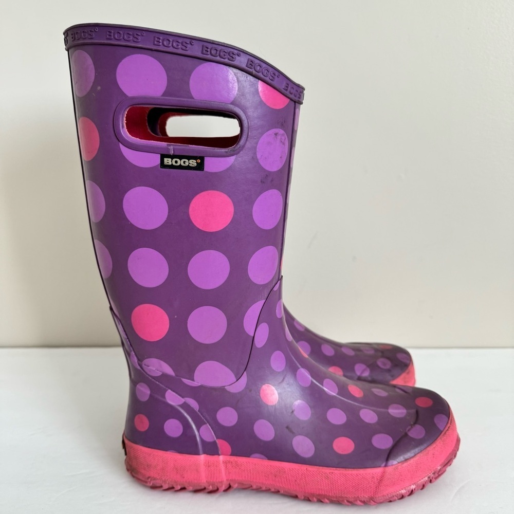 Bogs Rubber Pull On Waterproof Rain Boots Polka Dot Purple Big Kids Youth Size 5 - Picture 8 of 13